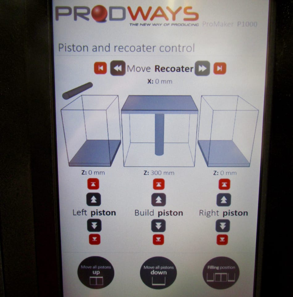  One of the easy to use control panels screens on the Prodways P1000 SLS 3D printer 