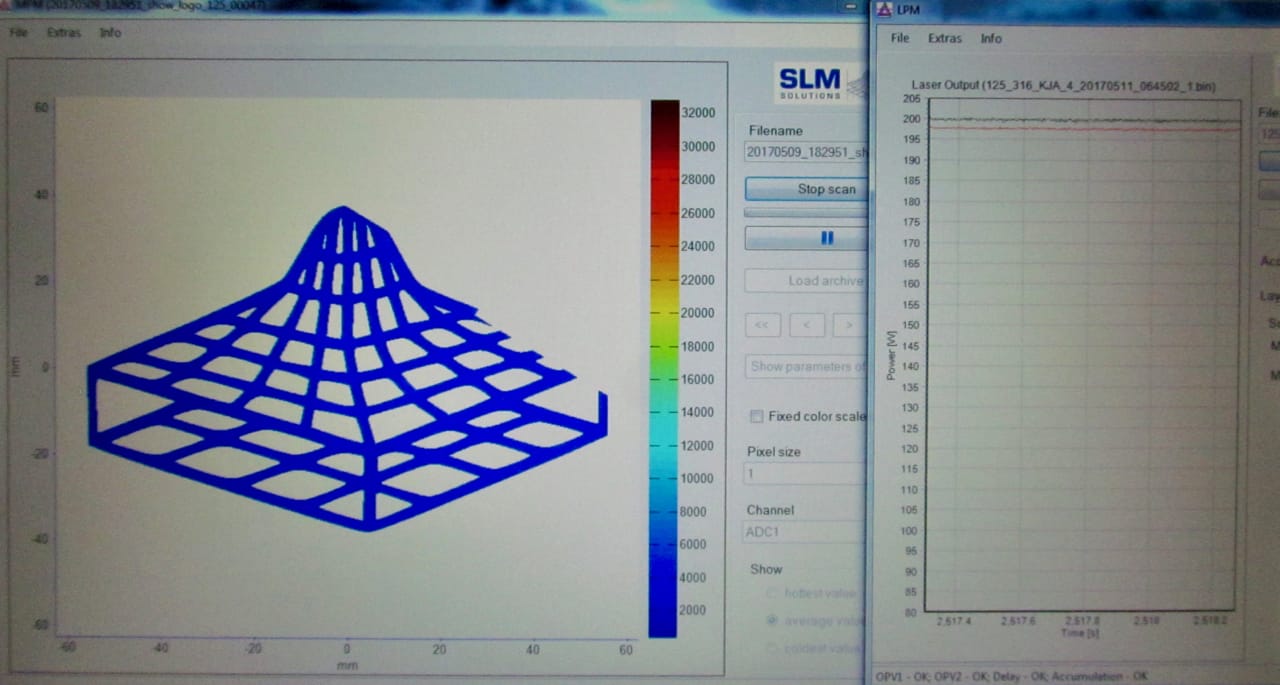  A view of SLM Solution's 3D metal printer melt pool monitor. You can see the laser output in real time on the right side 