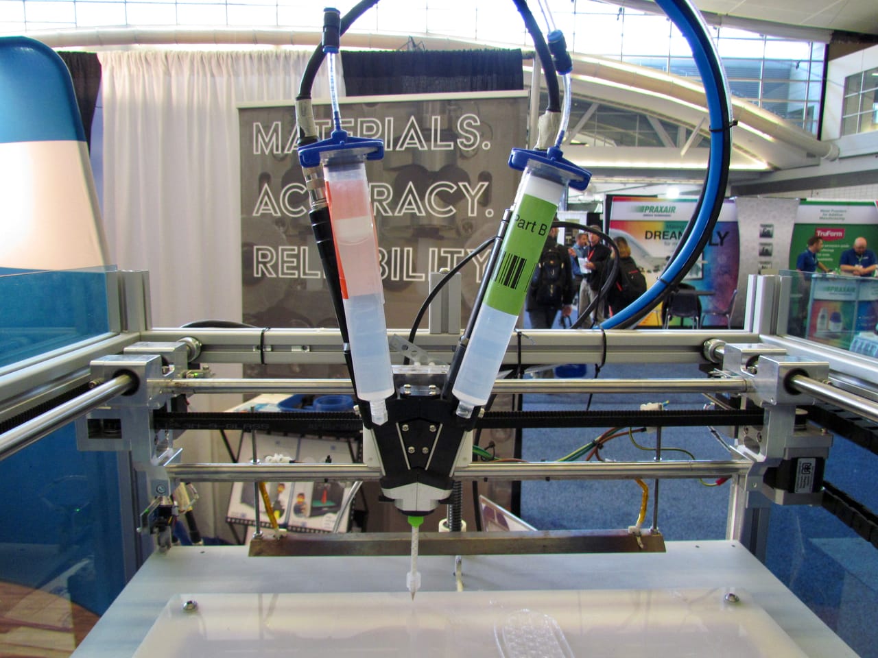  Two materials are mixed to create the extrusion on the German RepRap silicone 3D printer 