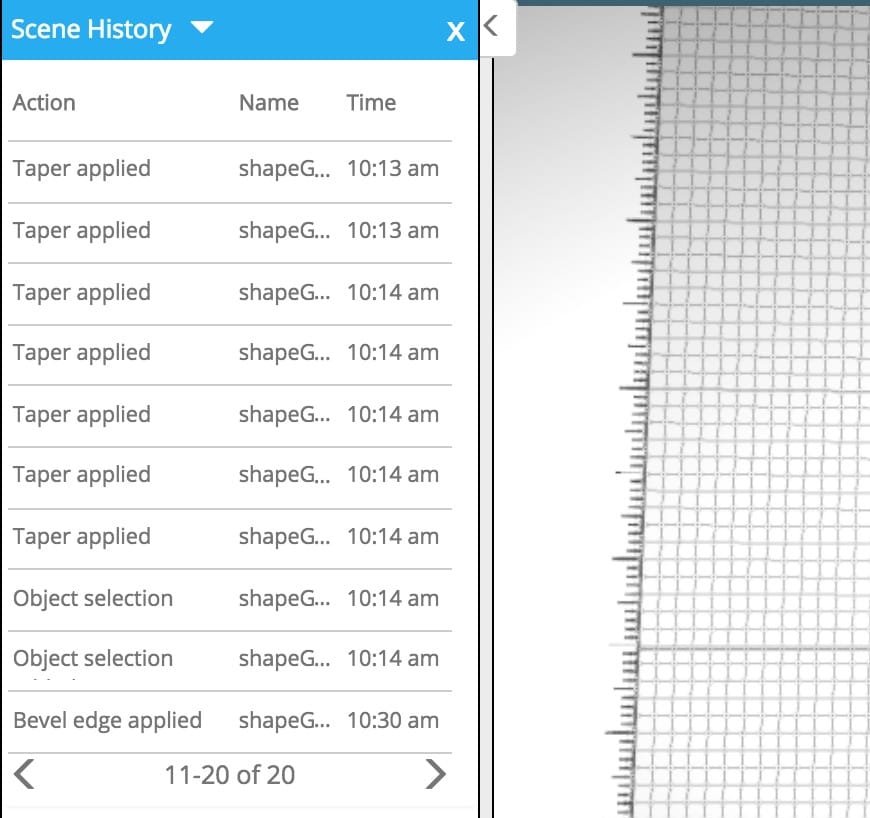  The history log in SelfCAD shows the sequence of operations used to build the 3D object 