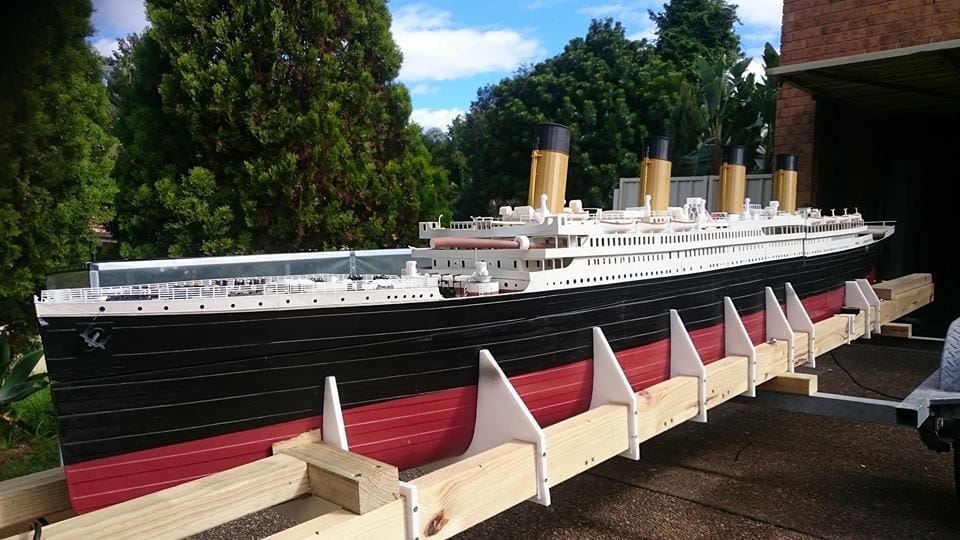  The 3D printed 1/72 model of the Titanic mounted on a boat trailer for transport 