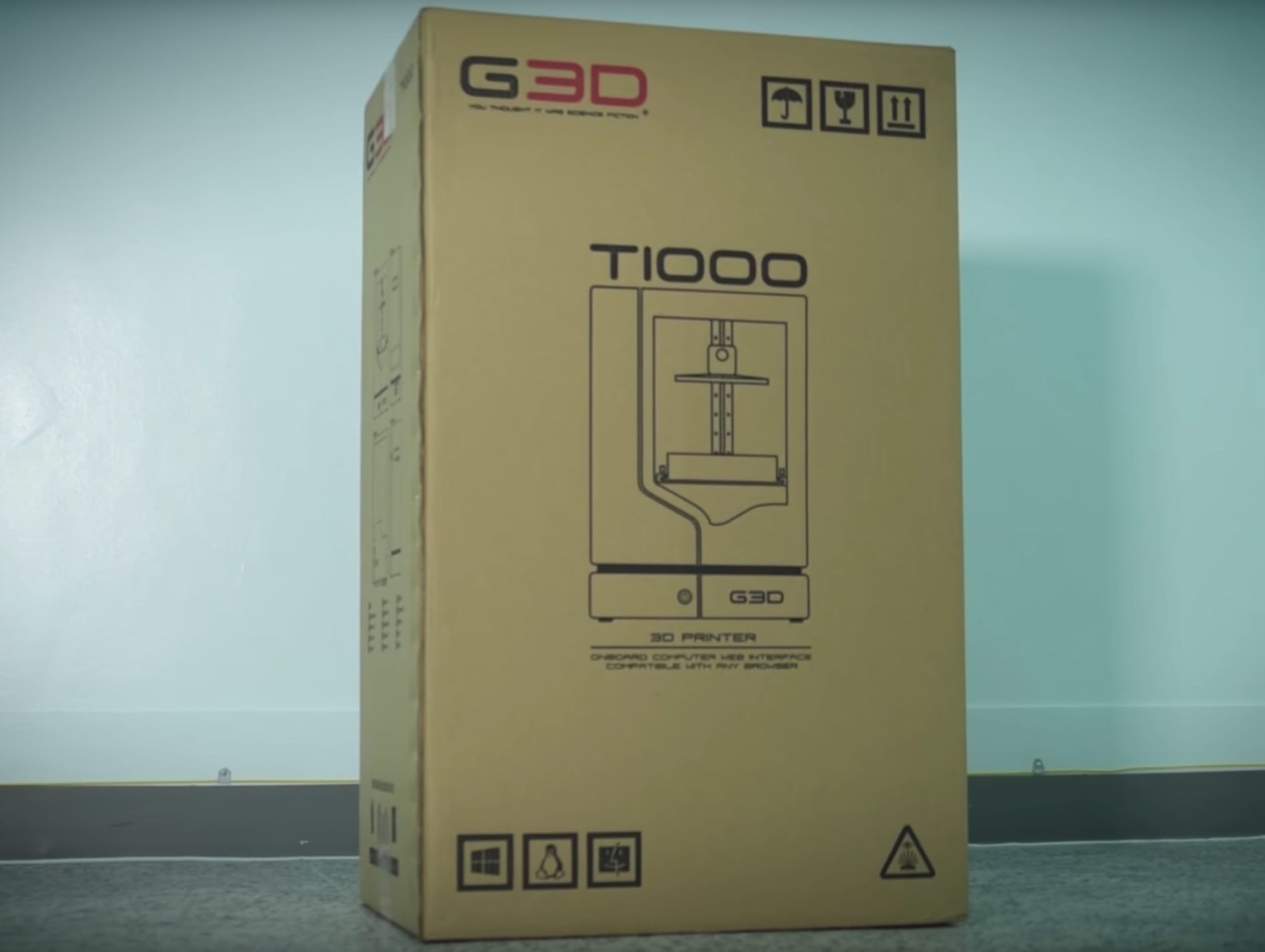 A T-1000 desktop 3D printer boxed and ready for shipping 