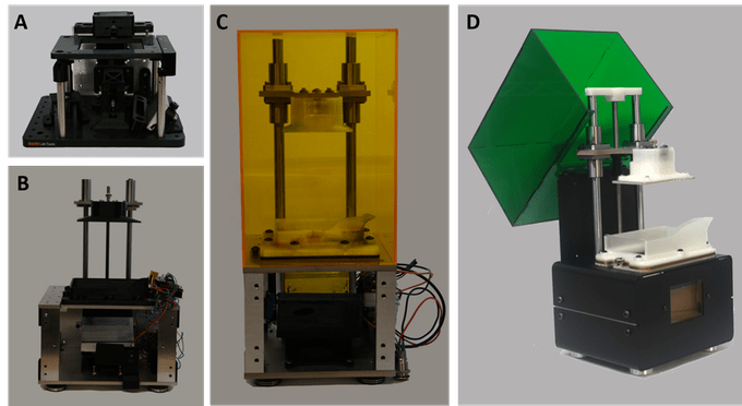  A sequence of prototypes leading up to the final production model of the MONO1 3D printer 