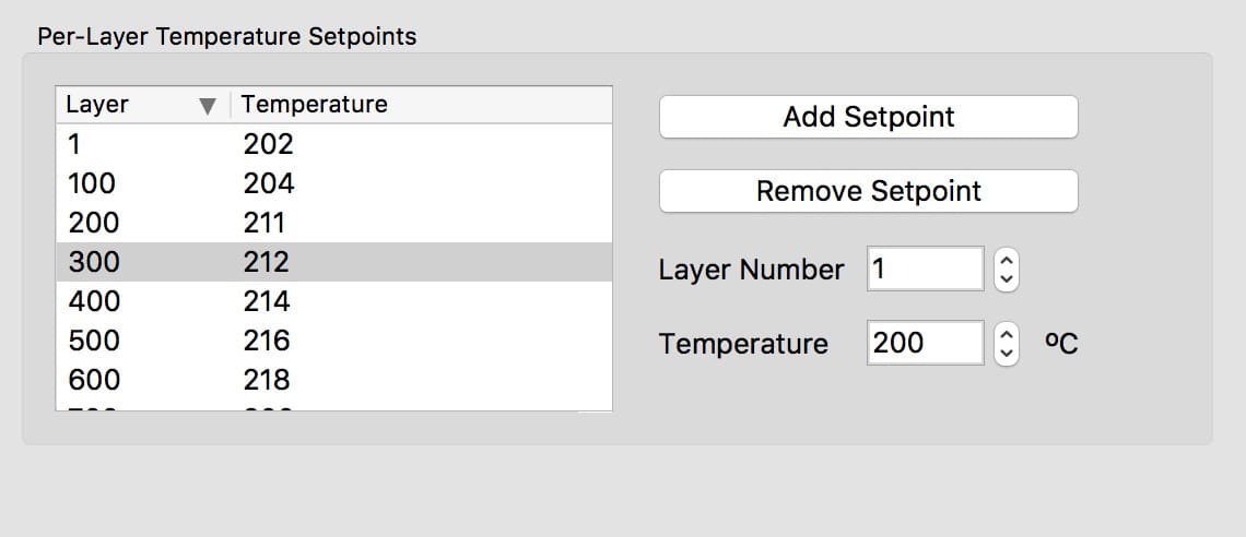  Setting layer temperature switches in Simplify3D 