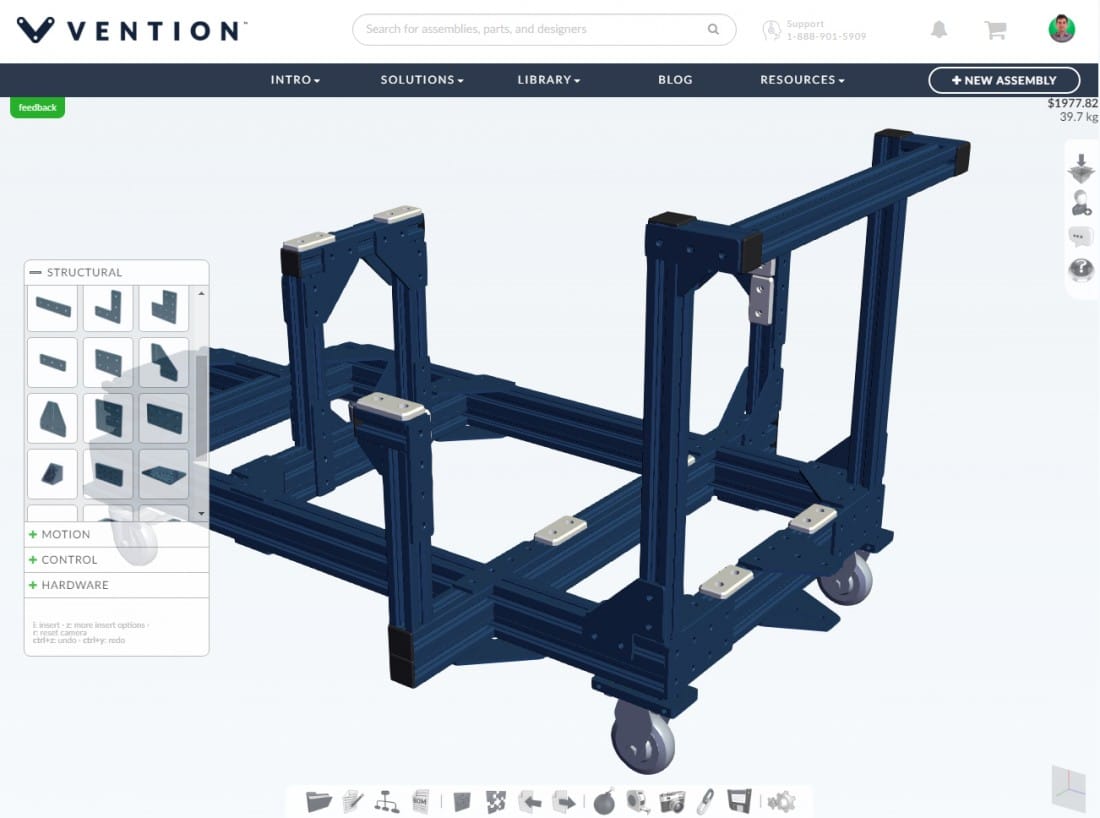  The Vention 3D Machine Builder interface with drag-and-drop library of parts and components. 