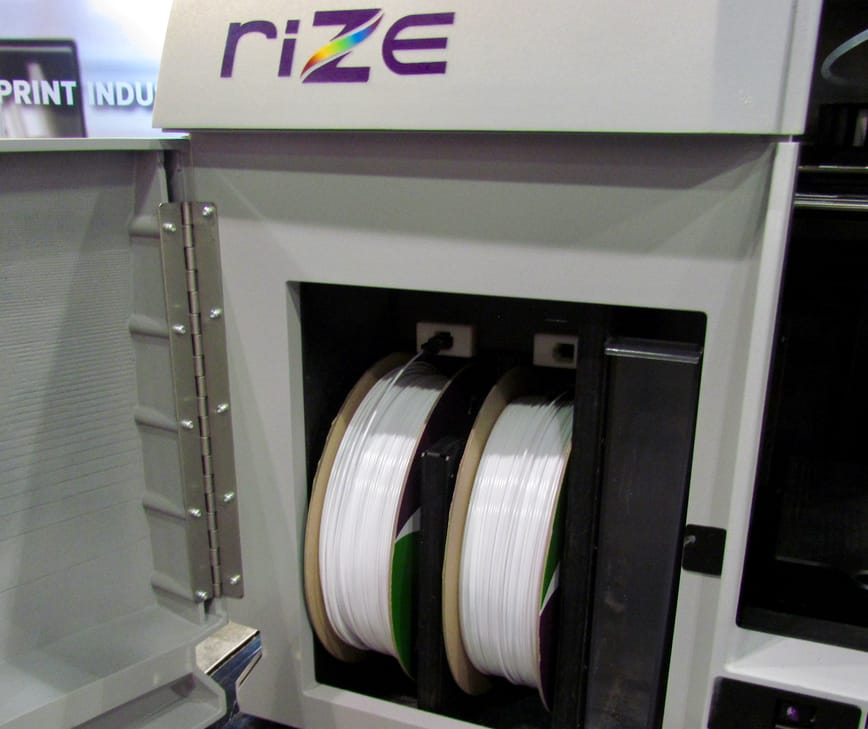  The Rize 3D printer includes capacity for two large spools of their strong proprietary plastic 