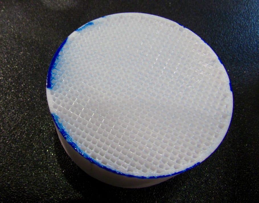  A partially completed 3D print from the Rize machine showing how the color ink soaks into the object. It's not just on the surface; it's embedded in the object 
