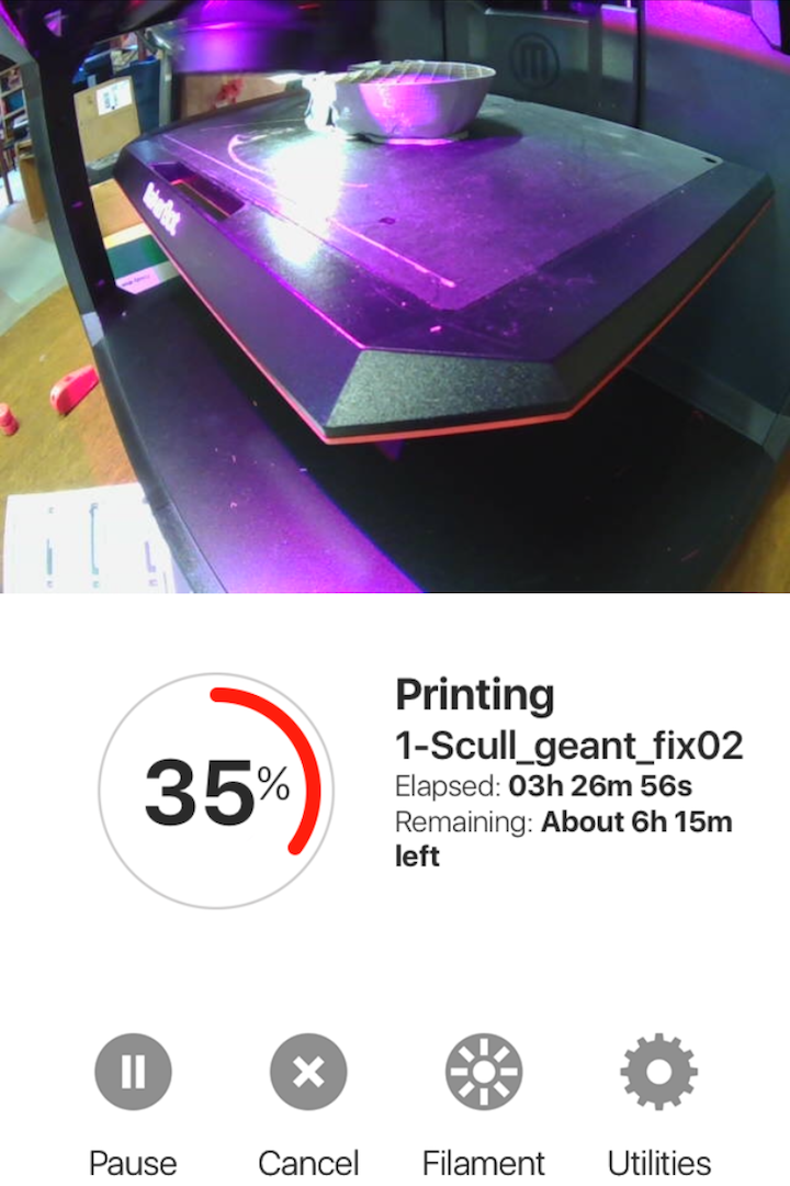  A view from the MakerBot app showing great stats but hard to see the actual print 