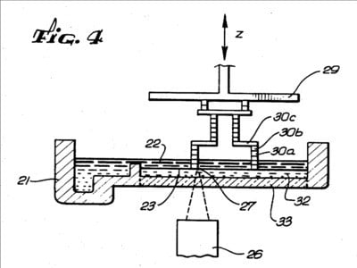  “Fig. 4” from Chuck Hull’s original SLA patent inspired the design of the new Figure 4 3D printing system. (Image courtesy of 3D Systems/USPTO.) 