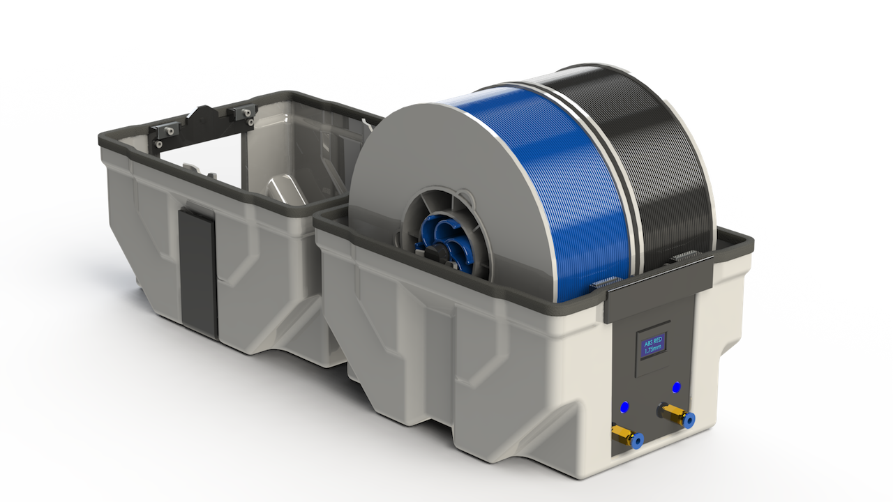  The Bunker, a 3D printer filament management system shown open 