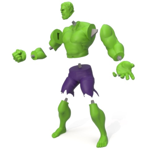 An exploded view of the 3D printed parts for a Hulk model from LayerTrove 