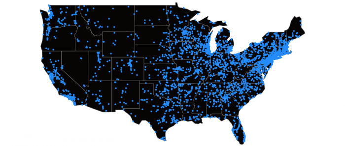  Map of schools using MakerBots in the USA; Note that the map is heavily weighted to the East 
