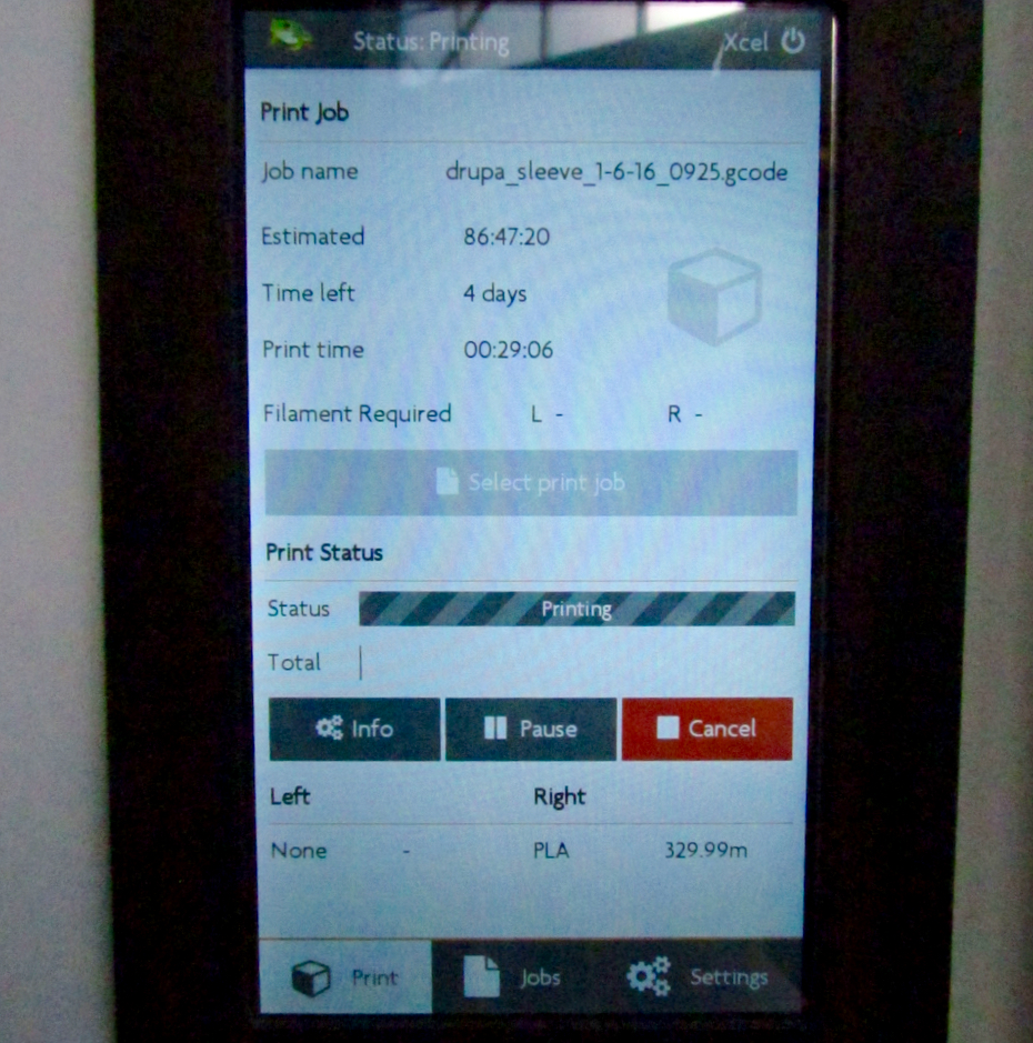  The print status screen on the Leapfrog Xcel. Note the time for this job: almost 87 hours! 