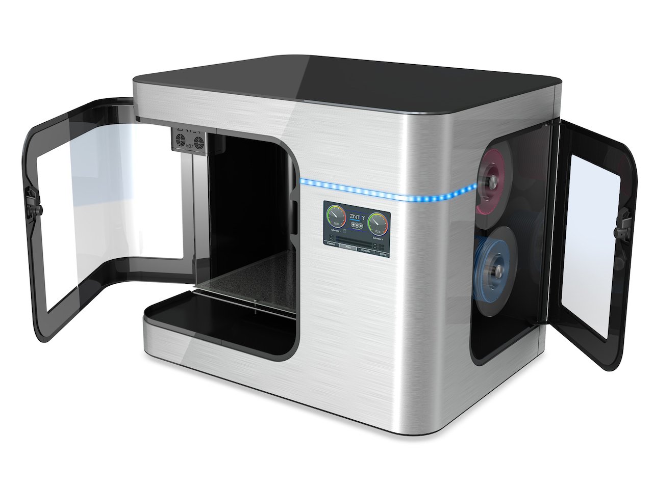  The new IonCore Zinter Pro II desktop 3D printer with doors open showing the filament stowage 