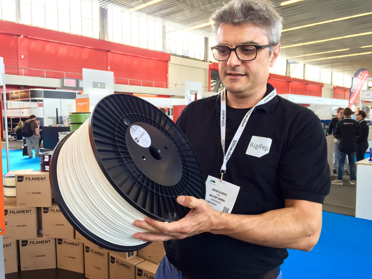  BigRep CEO Rene Gurka with a rather large spool of 3D printer filament 