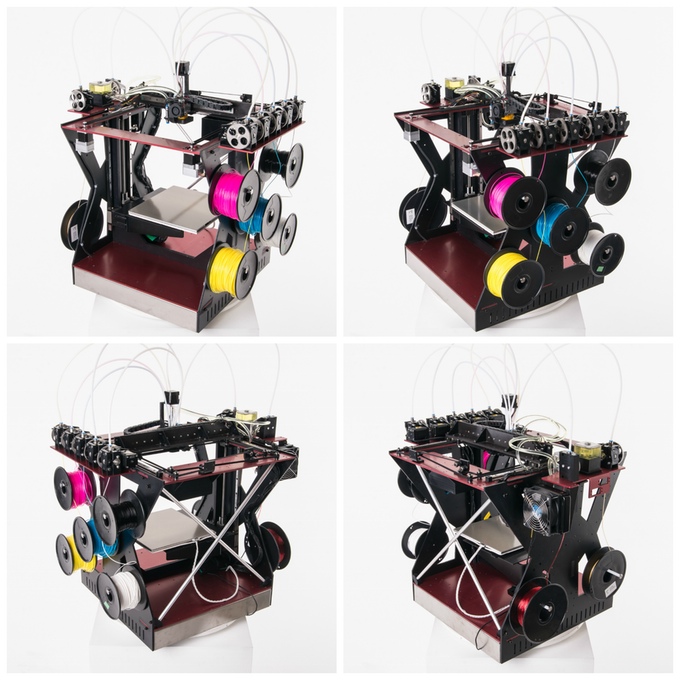  Several views of the RoVa4D 3D printer showing SEVEN input filament spools 