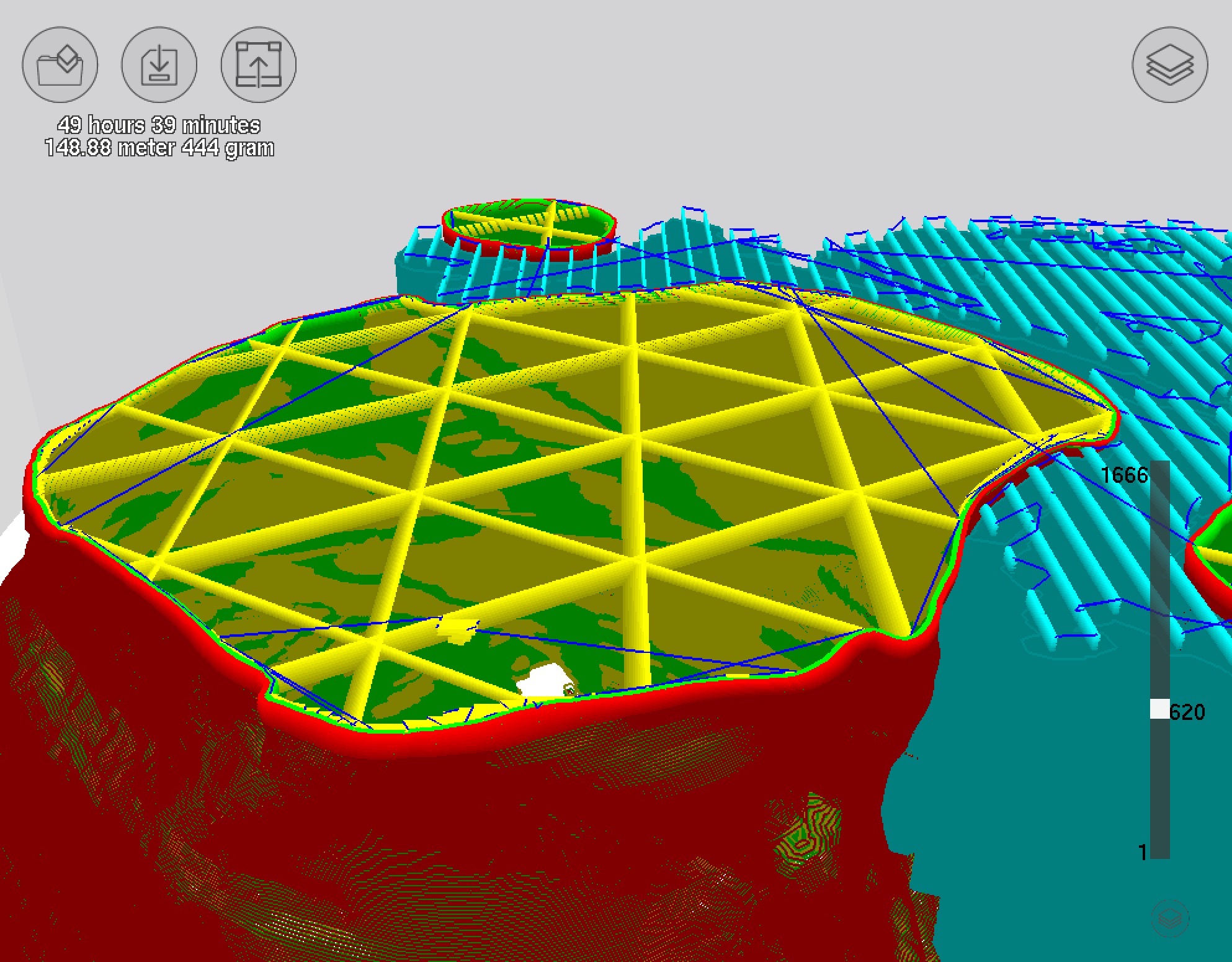  A view of Type A Machine's CURA software developing interior 3D cubes for strength 