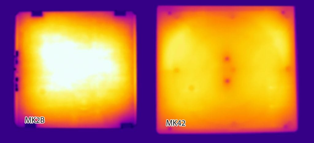  An infrared view of a heated 3D print bed with cold corners (left) and the improved i3 MK2 bed 