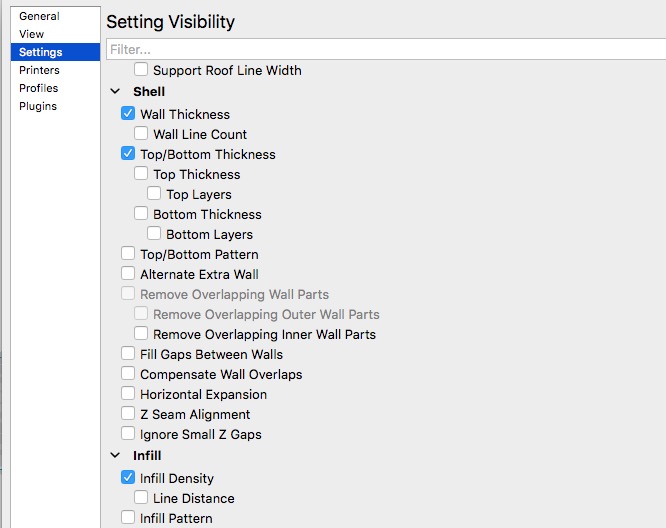  Cura 2.1 visibility settings for printing parameters 