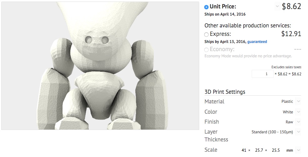  Sculpteo 3D print service express print costing example 