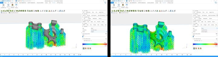  The interface for the simulation module within Magics. On the left, a simulation of the support structures. On the right, a simulation of both the part and the support structures. (Image courtesy of Materialise.) 