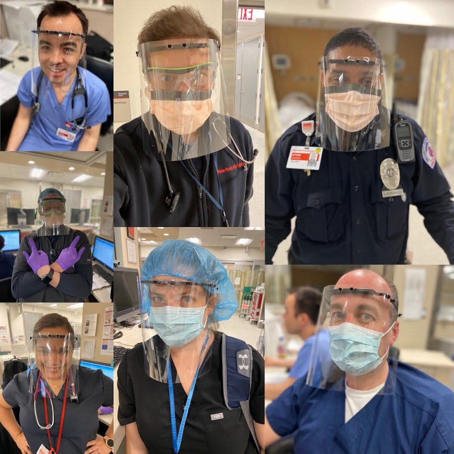 Healthcare professionals at Columbia University Medical Center/New York-Presbyterian Hospital using 3D printed face shields thanks to the  MatterHackers Maker Response Hub .
