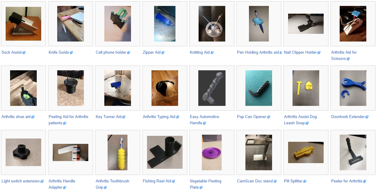  Some of the MTU designs for 3D printed assistive devices [Image: MTU via Appropedia] 