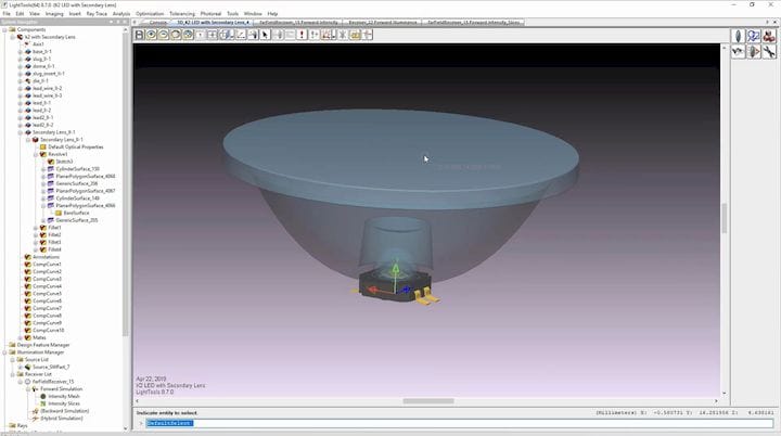  Setting up a simulation in LightTools: here, in the Land of Make Believe, we have a virtual lens sitting on top of a pretend LED. [Source: SolidSmack] 
