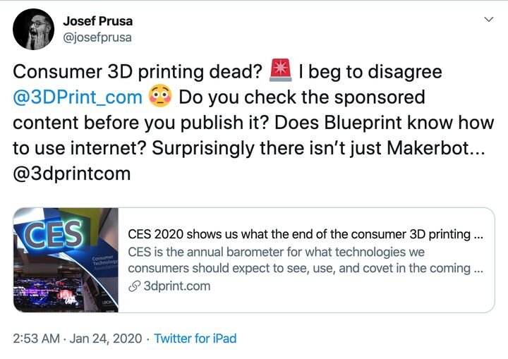  Josef Prusa believes consumer 3D printing is alive and well [Source: Twitter] 