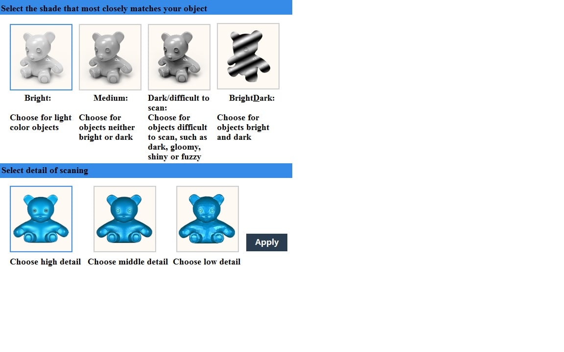  Scan options available for the Afinia ES360 desktop 3D scanner 