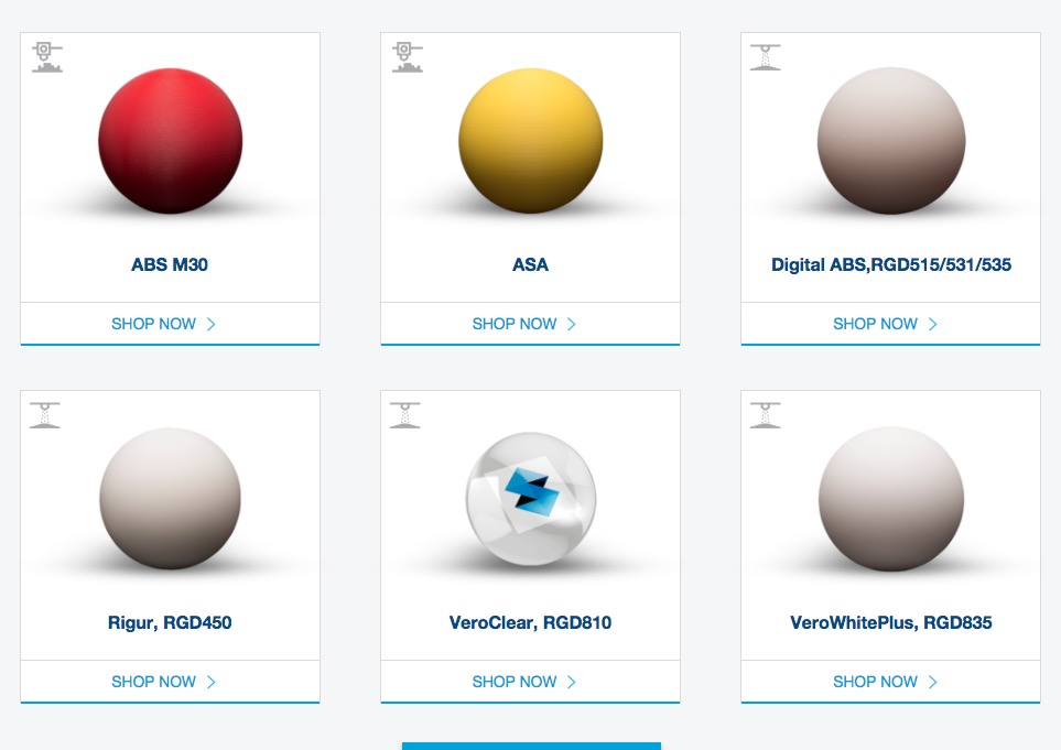  A selection of 3D printing materials from Stratasys' online store 
