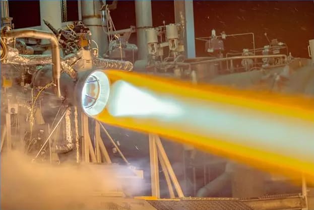  The thrust chamber assembly for Aerojet Rocketdyne’s RL10 rocket engine undergoing a test fire at the company’s facility in West Palm Beach, Fla. (Image courtesy of Aerojet Rocketdyne.) 