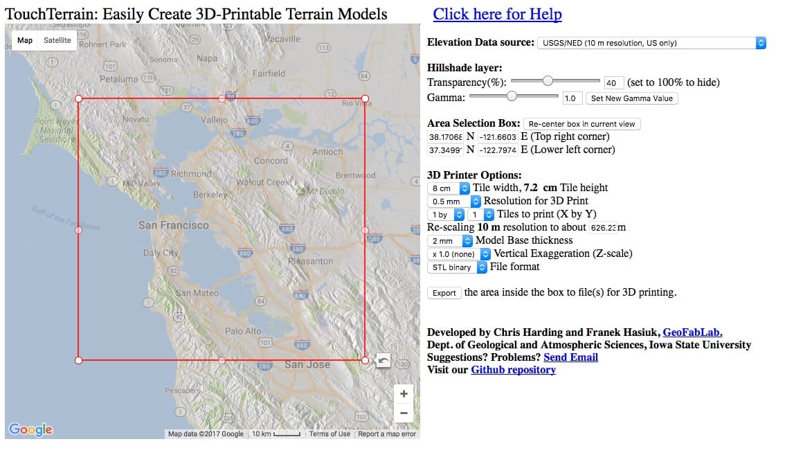  The control screen of TouchTerrain about to generate a 3D model of the Bay Area 