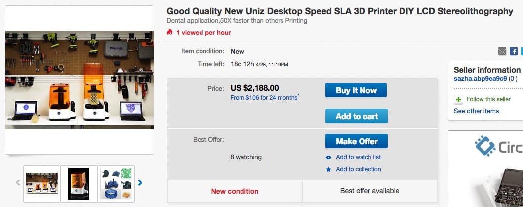  Someone is selling a UNIZ SLASH 3D printer on eBay 