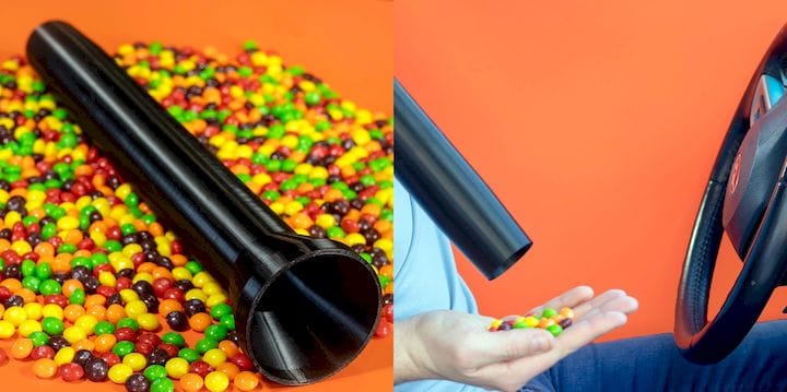  The Snack Tax Chute is a device that allows a passenger in the rear seat to easily supply candy to the driver [Source: Matt Benedetto] 